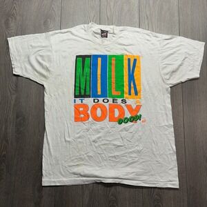 Vintage 90s Milk It Does A Body Good T-Shirt XL White Fruit of the Loom USA Made